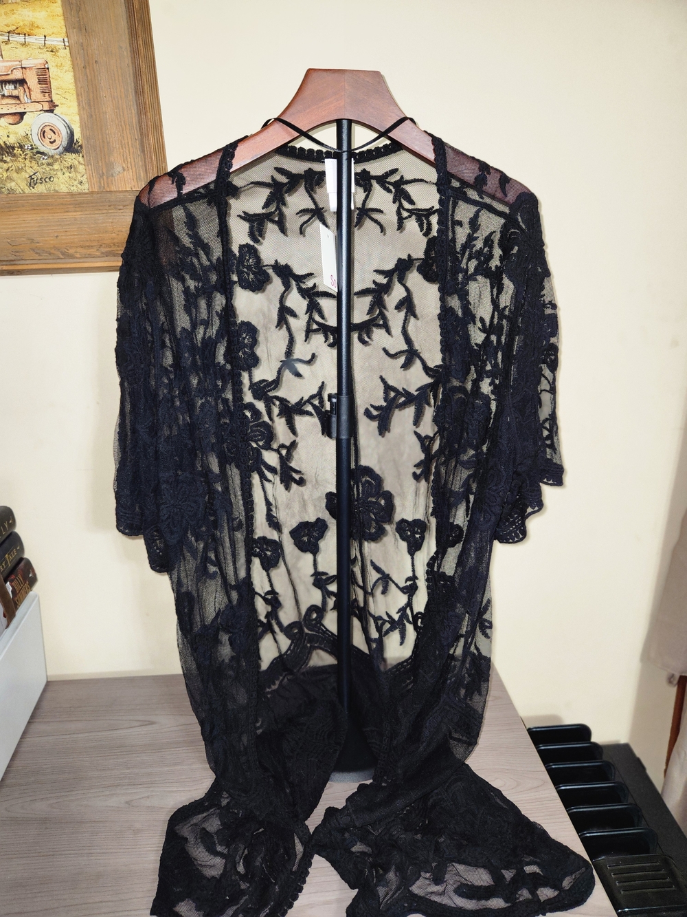 SO Black Sheer Floral Lace Kimono Robe